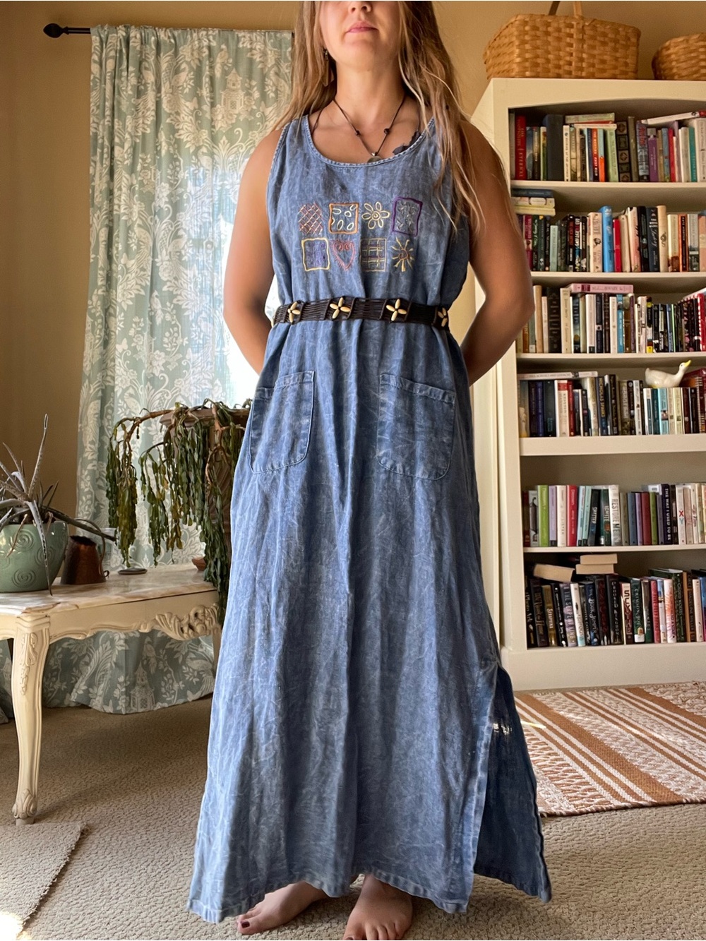 vintage boho hippie embroidered rayon blue maxi dress